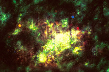 Colorful fantasy forest with stars, bokeh lights and clouds.の写真素材