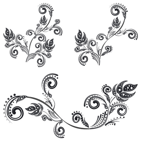 Collection of decorative vintage floral designs, black ornamental elements.のイラスト素材