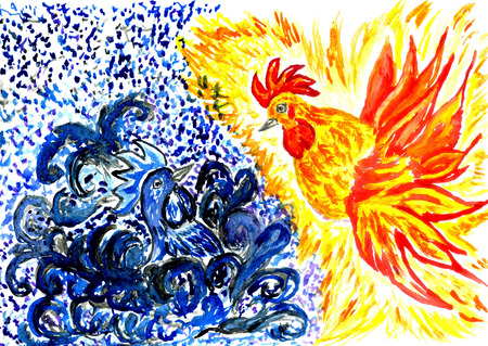Cartoon watercolor rooster, hand drawn animalistic illustration.の写真素材