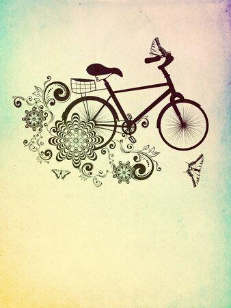 Vintage grunge bicycle with decorative floral ornament and butterflies.の写真素材