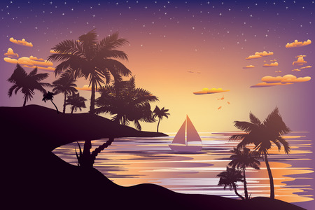 Sunset tropical sea landscape, boat and palm island silhouette.のイラスト素材