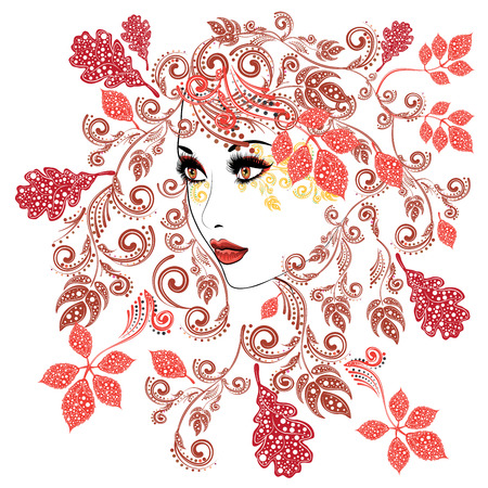 Colorful fall leaves, floral ornament and female portrait.のイラスト素材