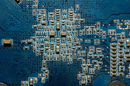 Blue electric circuit board, close up background.の写真素材