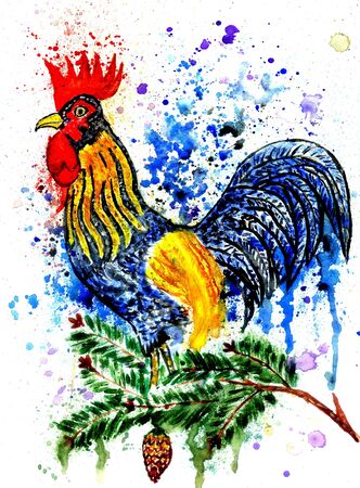 Cartoon watercolor rooster, hand drawn animalistic illustration.の写真素材