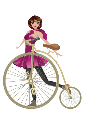 Woman in fancy dress stand near old bicycleのイラスト素材