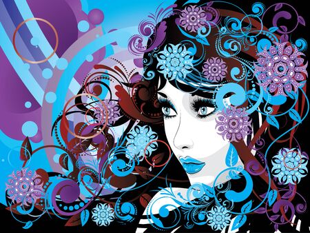 Decorative colorful snowflakes, floral ornament and female portrait.のイラスト素材