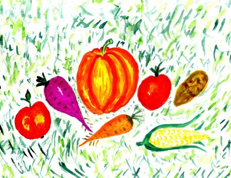 Watercolor and acrylic painted collection of vegetables, hand drawn illustration.の写真素材