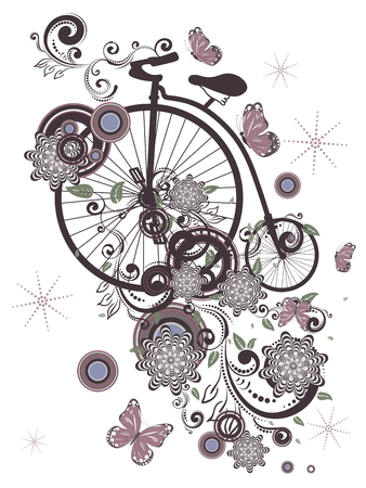 Vintage big wheel bicycle with decorative floral ornament and butterflies.のイラスト素材