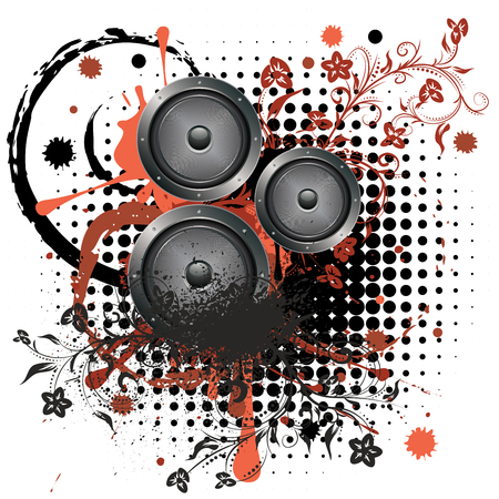 Musical sound loudspeaker grunge paint splatters and floral design.のイラスト素材
