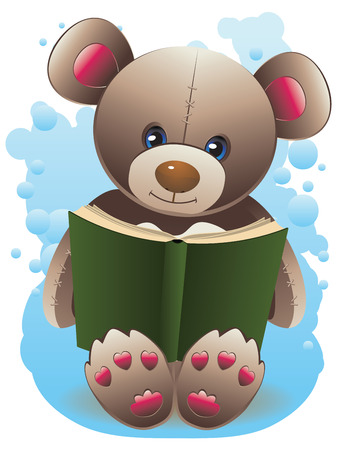 Cute happy teddy bear with green book illustration.のイラスト素材