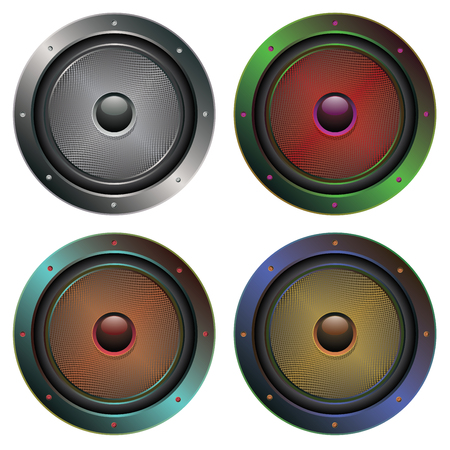 Illustration of sound loud speaker in metal frame rivets, bolts.のイラスト素材