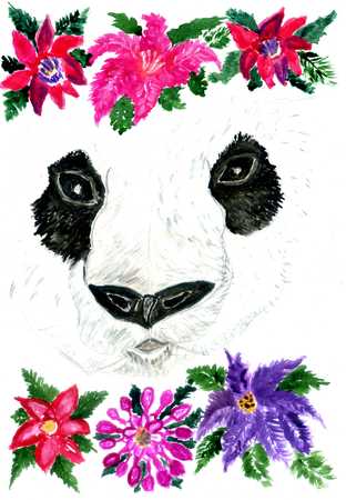 Watercolor panda bear portrait with flowers, hand drawn illustration.の写真素材
