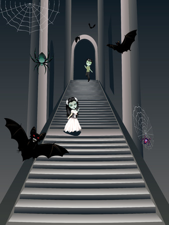 Stylish fashion cartoon zombie girl in white dress on old gothic stairs.のイラスト素材