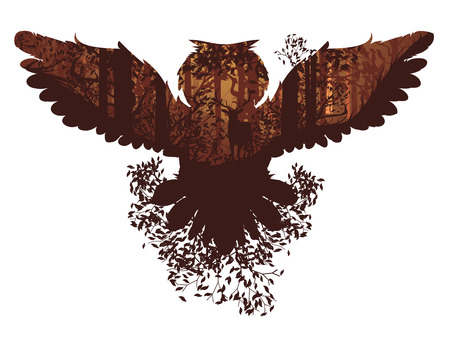 Deciduous autumn forest landscape with silhouettes of trees and owl.のイラスト素材
