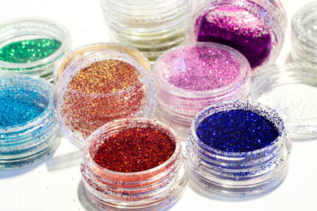 Collection of nail glitters of different colors, close up.の写真素材