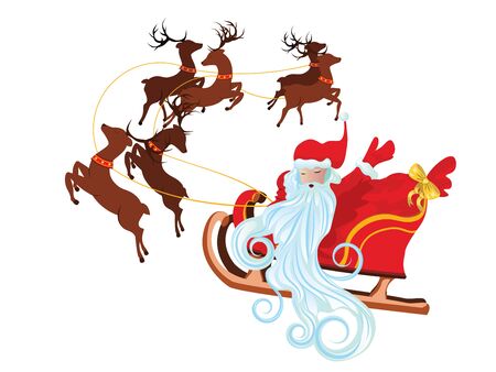 Cartoon Santa Claus on red sleigh and reindeers.のイラスト素材