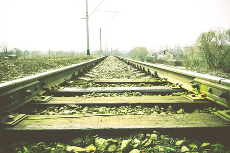 Grunge old railroad tracks close up background.の写真素材