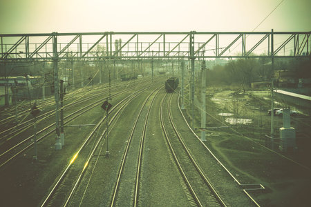 Top view to railway track at the train station in the morning.