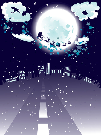 Christmas background with Santa Claus silhouette flying to the city.のイラスト素材