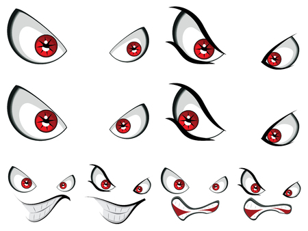 Four expression for cartoon face with evil red eyes on white background.のイラスト素材