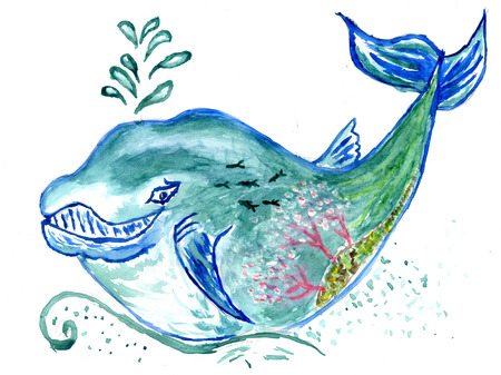 Watercolor painting of big blue whale, handmade illustration.の写真素材
