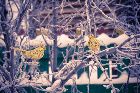 Decorative element artificial glittering golden bird, ornamental Christmas toy, filtered background.