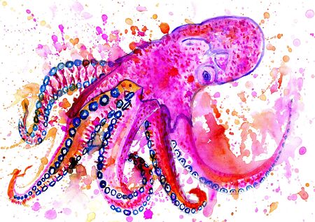 Watercolor painting of big colorful octopus, handmade illustration.の写真素材