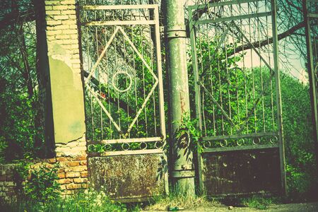 Abandoned rural stadium metal gate and green foliage, filtered background.の写真素材