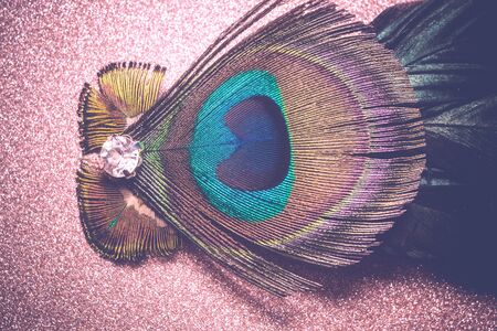 Fashion hair clip decorated with peacock feathers and white zircon, vintage backgroundの写真素材