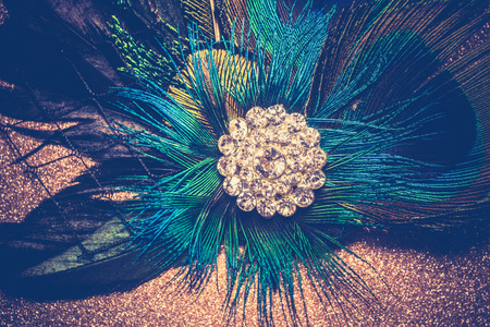 Fashion hair clip decorated with peacock feathers and white zircon, vintage backgroundの写真素材