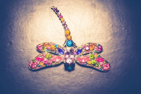 Brooch in a shape of a dragonfly decorated with multicolored rhinestones, fashion jewellery.の写真素材
