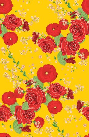 Romantic decorative ornament with red roses and poppies, floral illustration.のイラスト素材