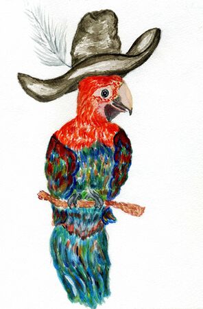 Cute colorful cartoon parrot, hand drawn watercolor illustration.の写真素材