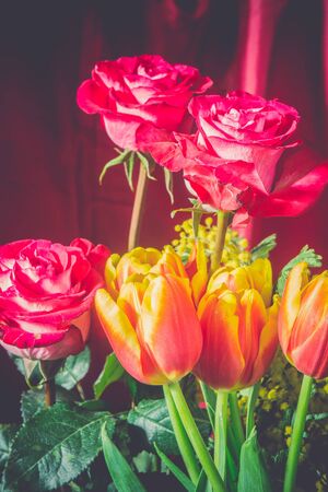 Bouquet with bright red roses and decorative tulips over silk, filtered background.の写真素材