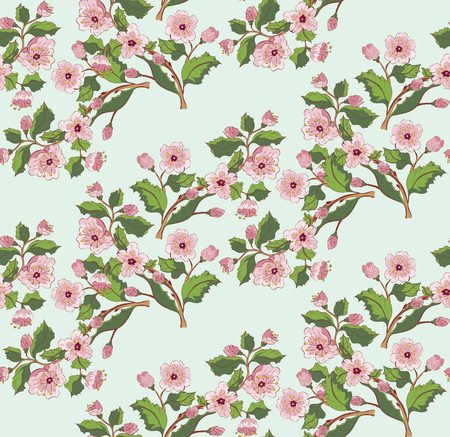 Spring blossom branch, floral ornament with pink flowers, sakura, cherry blossom.のイラスト素材