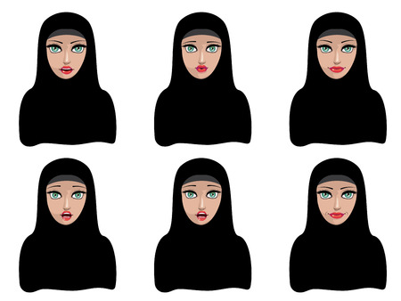 Cartoon muslim woman portrait in black hijab illustration.のイラスト素材