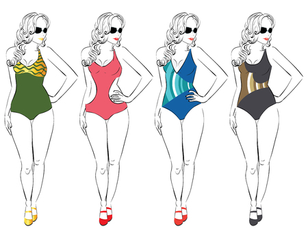 Illustration of a pear body type woman in different swimsuits, line art style .のイラスト素材