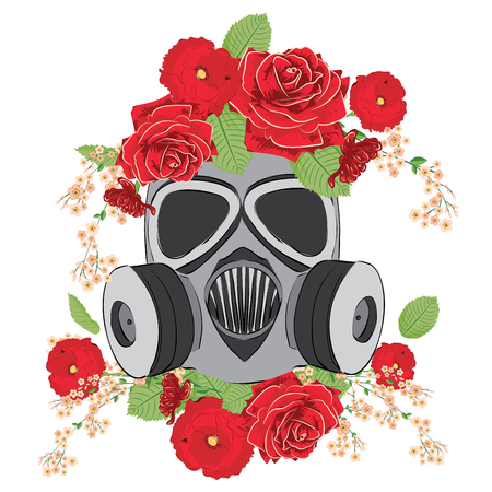 Cartoon grunge gas mask with roses, flower ornament design illustration.のイラスト素材