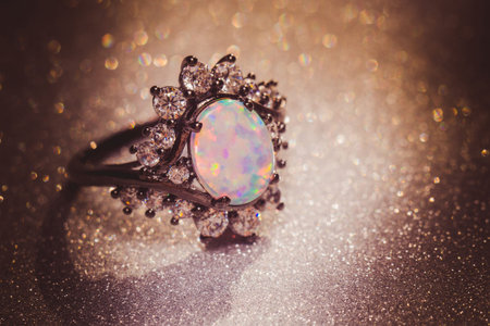 Fashion ring decorated with white fire opal stones, filtered background.の写真素材