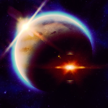 Illustration of big red planet in open space background.