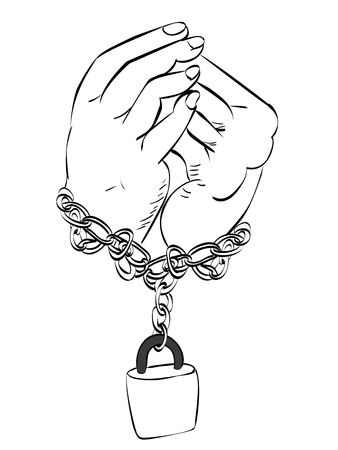 Gray metal chains with shackles on hands silhouette on white background.のイラスト素材