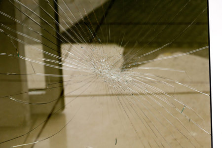 Damaged glass with cracks as abstract grunge background.