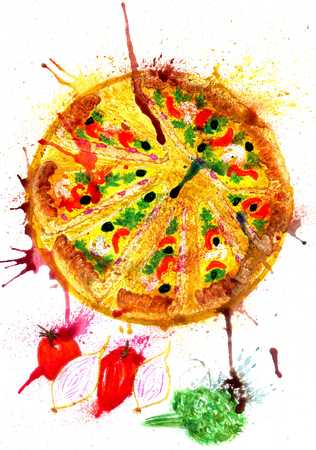 Delicious italian pizza hand drawn watercolor illustration.の写真素材