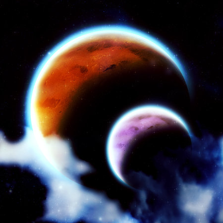Illustration of big red planet in open space background.