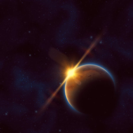 Illustration of big red planet in open space background.