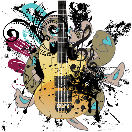 Retro style modern guitar colorful grunge illustration, music background.のイラスト素材