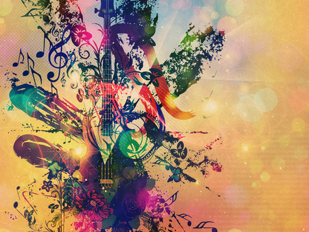 Illustration of abstract grunge retro musical background with guitar.の写真素材