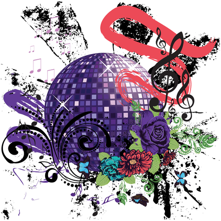 Grunge music design with purple disco ball and floral.のイラスト素材