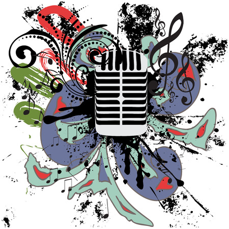 Retro style metal microphone colorful grunge illustration, music background.のイラスト素材