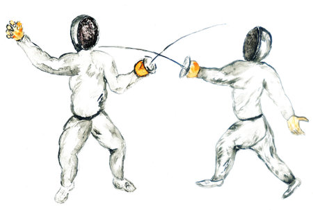 Grunge watercolor sketch of two fencers, hand drawn illustration.